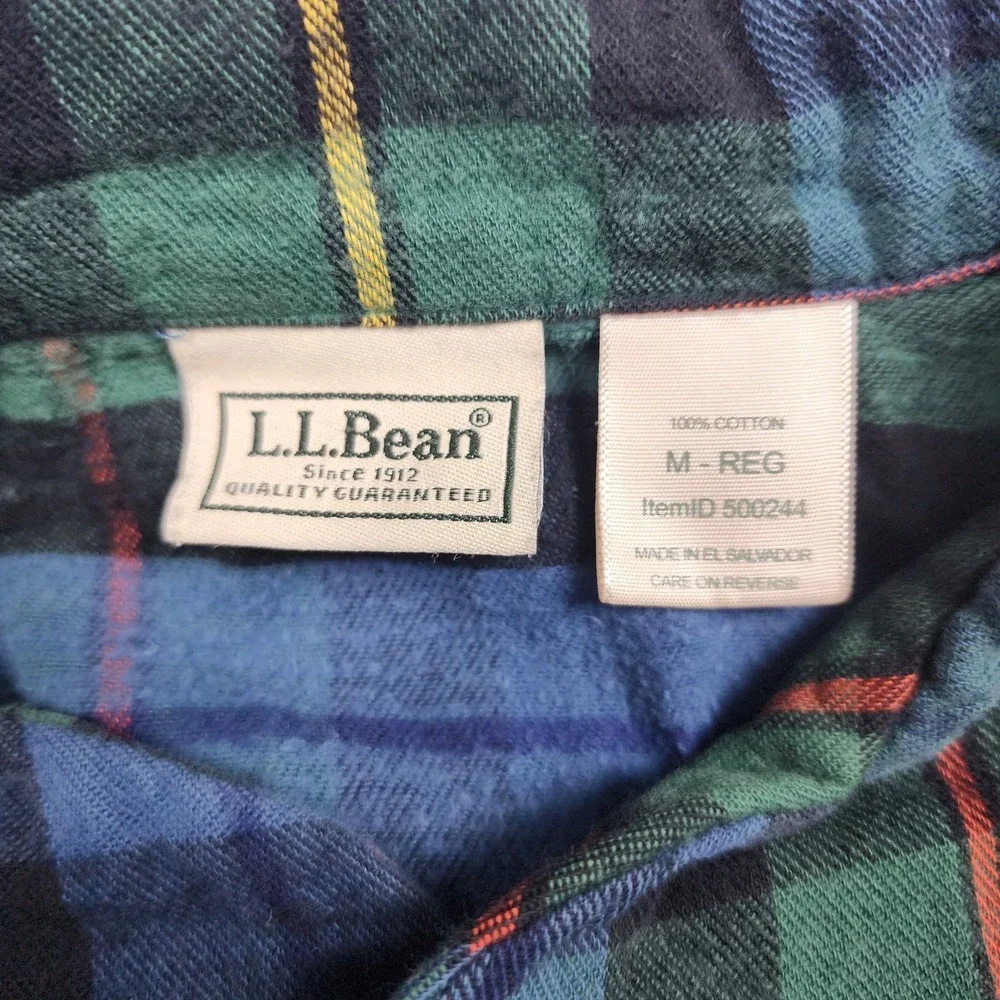 LL Bean Pajama Set Mens Medium Regular Blue Plaid Flannel Button Up Pants